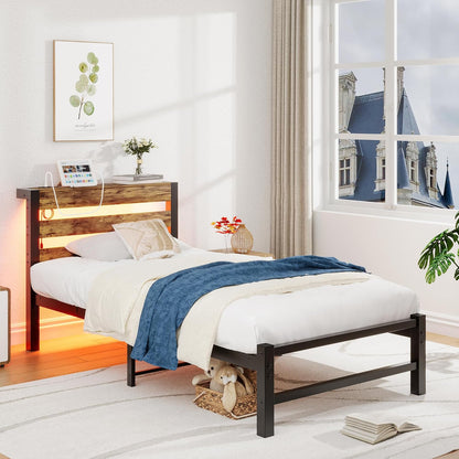 HOMERECOMMEND 3ft eenpersoonsbedframe met USB-laadstation, LED-bedframe met houten opberghoofdeinde, metalen platformbedframe enkele maat, geen boxspring nodig, ondersteuning voor sterke latten