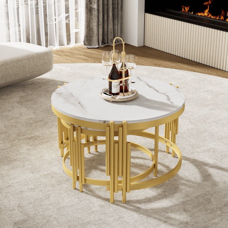 Modulaire Salontafel Set – Koffietafel – Bijzettafel – Ronde Tafels – Marmerlook Tafel – Gouden Metalen Frame – Twee Maten – Licht & Stevig Design