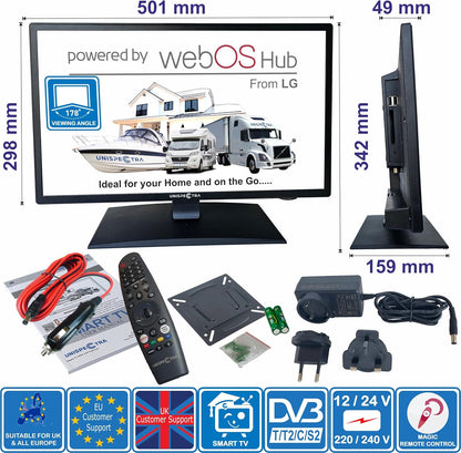 Unispectra® 22“ Smart TV (webOS) FHD 230V 24V Triple Tuner: Sat, Antenne, Kabel TV, 3xHDMI, 2xUSB, Magic Remote. 12V TV voor campers, caravans, vrachtwagens, bestelwagens, boten, thuis