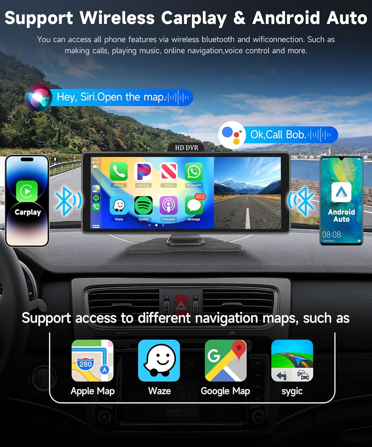 Podofo Carplay Draagbare autoradio, voor Android en Android, 10,26 inch touchscreen, ADAS FM-zender, USB/AUX/SD gedeeld scherm met achteruitrijcamera, 10 m, DC9-36 V