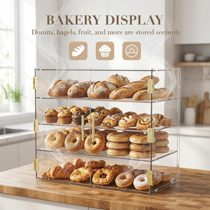 4-laags bakkerij vitrine met elastische automatische deur, 19,5 "x 19,75" x 19,75" x 10,35" acryl helder gebak vitrine aanrecht vitrinekast voedseldoos voor brood dessert koekjes bakken