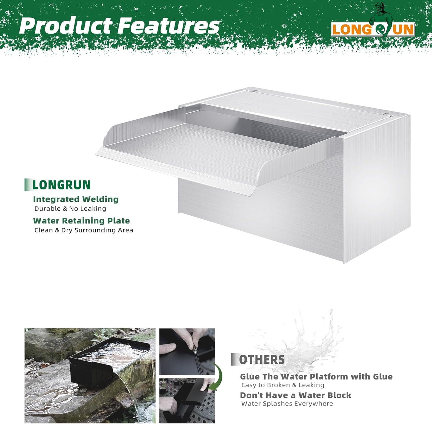 LONGRUN 23 cm vijver waterval, 304 roestvrij staal, zwembadwaterval met waterpomp, 7 kleuren Bluetooth LED tuinfontein