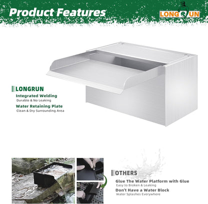 LONGRUN 23 cm vijver waterval, 304 roestvrij staal, zwembadwaterval met waterpomp, 7 kleuren Bluetooth LED tuinfontein