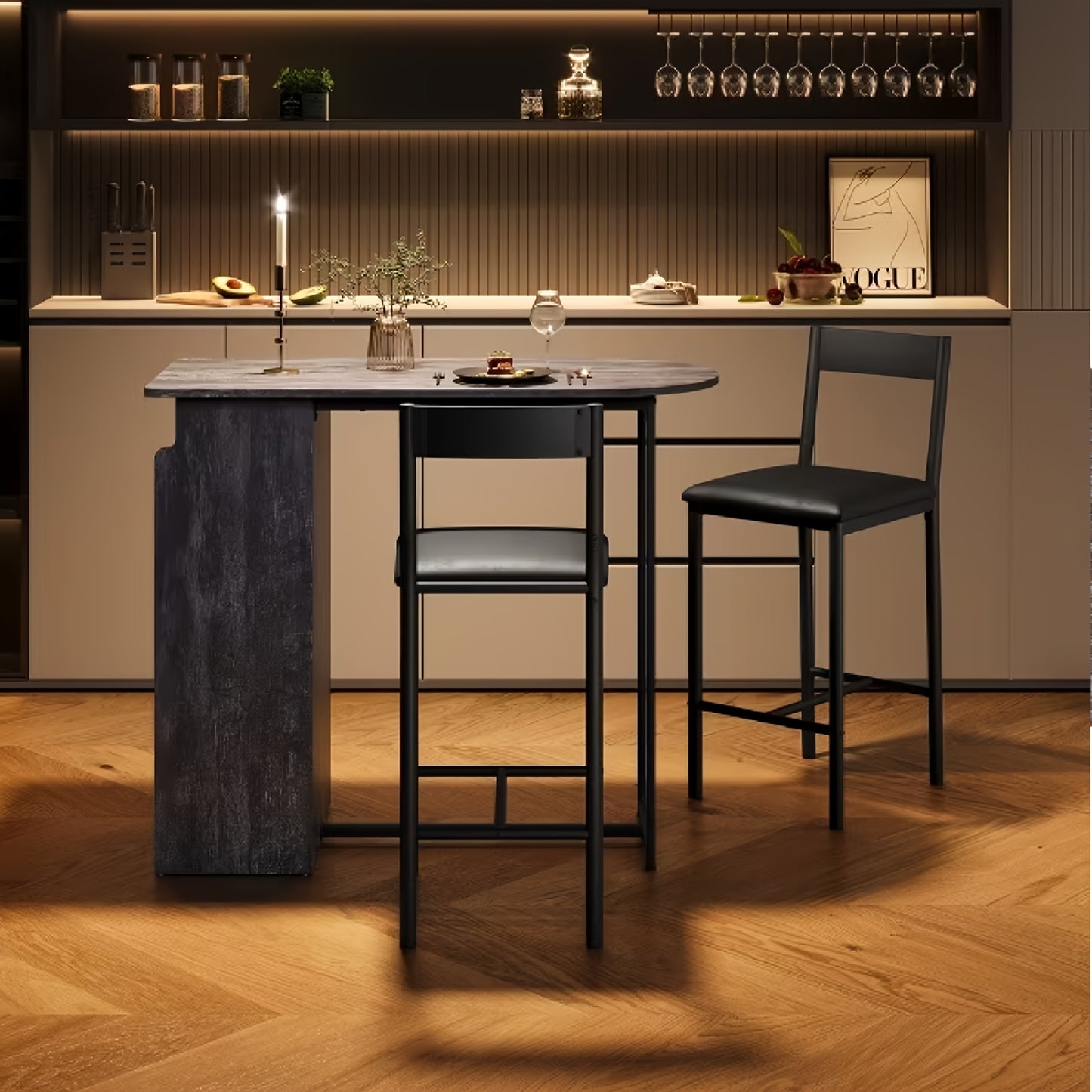 Barset voor Twee – Barkrukken – Barmeubel – Bartafel – Barkeuken – Compacte Opbergrekken – Stevig Hout en Metaal – Ruimtebesparend Design – Grijs