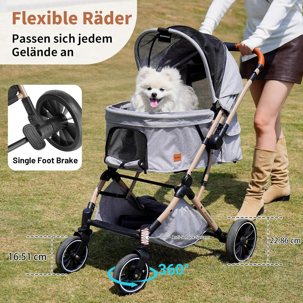 EchoSmile Opvouwbare hondenwagen, hondenbuggy tot 20 kg, voor kleine middelgrote honden en katten, hondenbuggy en kattenwagen met omkeerbare handgreep, schokdemping en afneembaar wasbaar pad, grijs