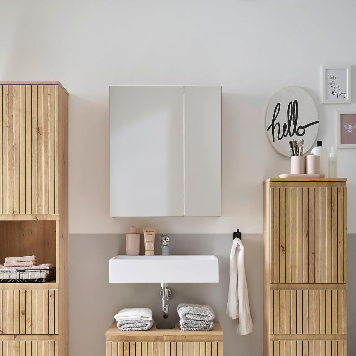 Badkamerkast – Spiegelkast – Opbergkast – Wastafelonderkast – Kolomkast – FSC-gecertificeerd Hout – Artisan Eiken Look – 60x70x20 cm – Veel Opbergruimte