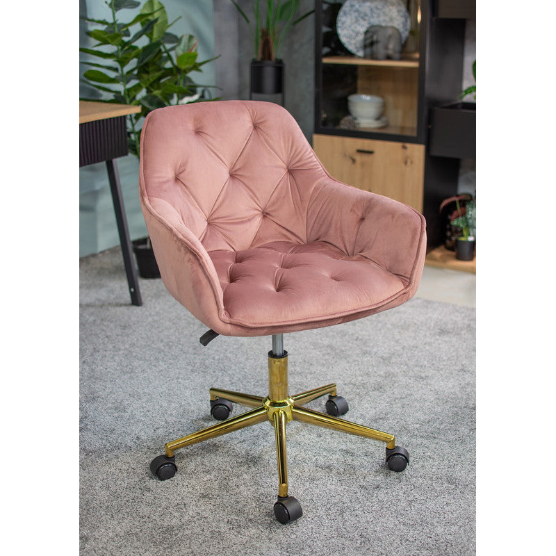 Fauteuil – Draaistoel – Bureaustoel – Werkstoel – Relaxstoel – Roze Velours – Goud Metalen Onderstel – Verstelbare Hoogte 40-50 cm – Draagvermogen 120 kg