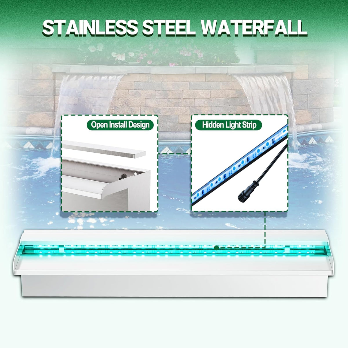 Longrun 90cm Vijver Waterval Blade Kit, 304 RVS Waterval Feature Spillway, Outdoor Zwembad Fontein met 7 Kleuren LED Verlichting en Afstandsbediening, Breedte 15cm