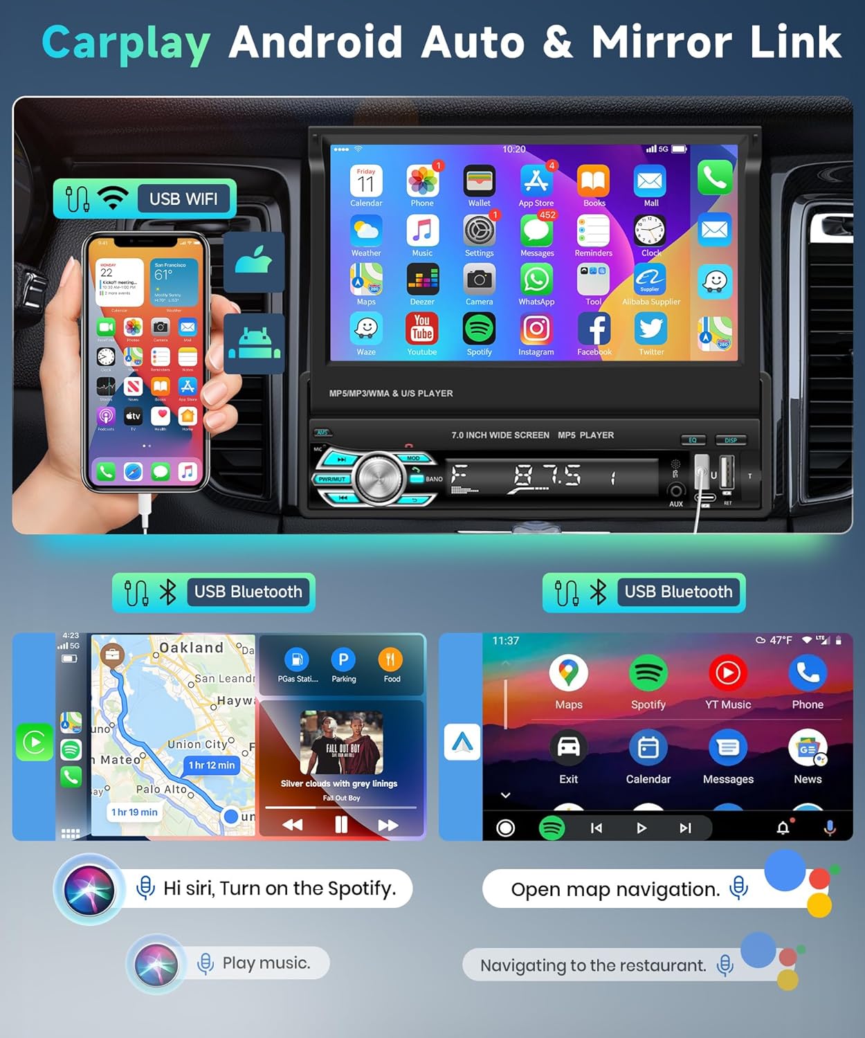 Podofo Draadloze Carplay Autoradio 1Din met 7'' Uitschuifbaar Display Handmatig Scherm Draadloos Android Auto Bluetooth 5.1 FM 2USB/AUX/SD/Stuurbediening met Achteruitrijcamera Stuurbediening