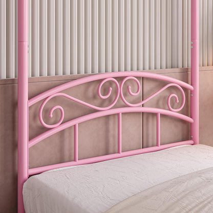 JURMERRY 90 cm eenpersoons hemelbedframe met sierlijk hoofdeinde en voetenplank in Europese stijl, stevig staal, perfect, eenvoudige doe-het-zelf montage, alle onderdelen inbegrepen, roze, 90 x 190 cm
