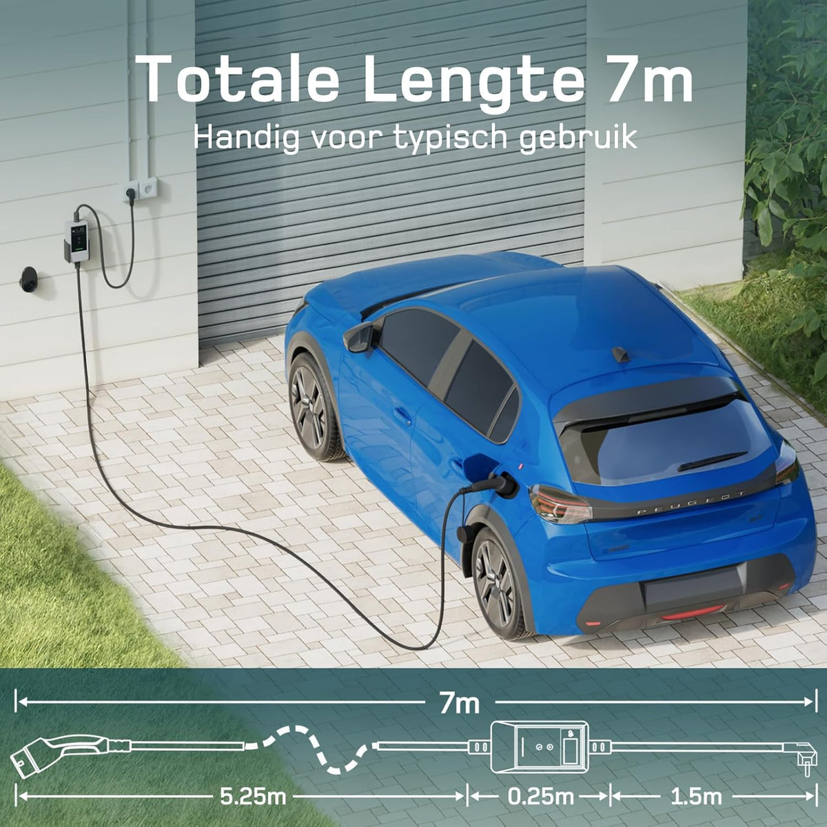 dé EV Charger Type 2 Schuko 3,7kW [7m, 1-Fase, 6-16A] Thuislader Type 2 Wit met Digitaal Display, Instelbare Stroom, EV Oplader 3,7kW voor Model Y/3, ID.3/4, EX30, Enyaq en andere EV/PHEV