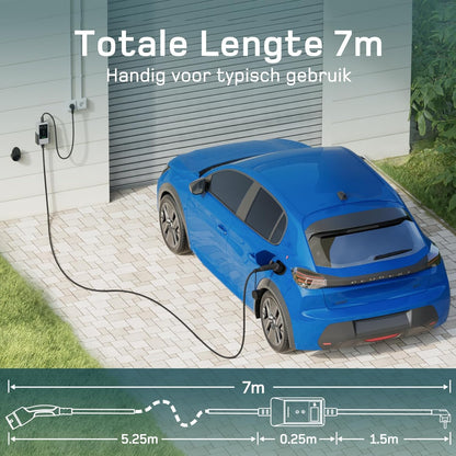 dé EV Charger Type 2 Schuko 3,7kW [7m, 1-Fase, 6-16A] Thuislader Type 2 Wit met Digitaal Display, Instelbare Stroom, EV Oplader 3,7kW voor Model Y/3, ID.3/4, EX30, Enyaq en andere EV/PHEV