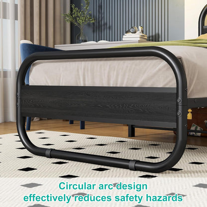 HOMERECOMMEND Bedframe van metaal en hout, met lattenbodem, 90 x 200 cm met hoofdeinde, ovaal platformbed met opbergruimte onder het bed, 90 x 200 cm, zwart
