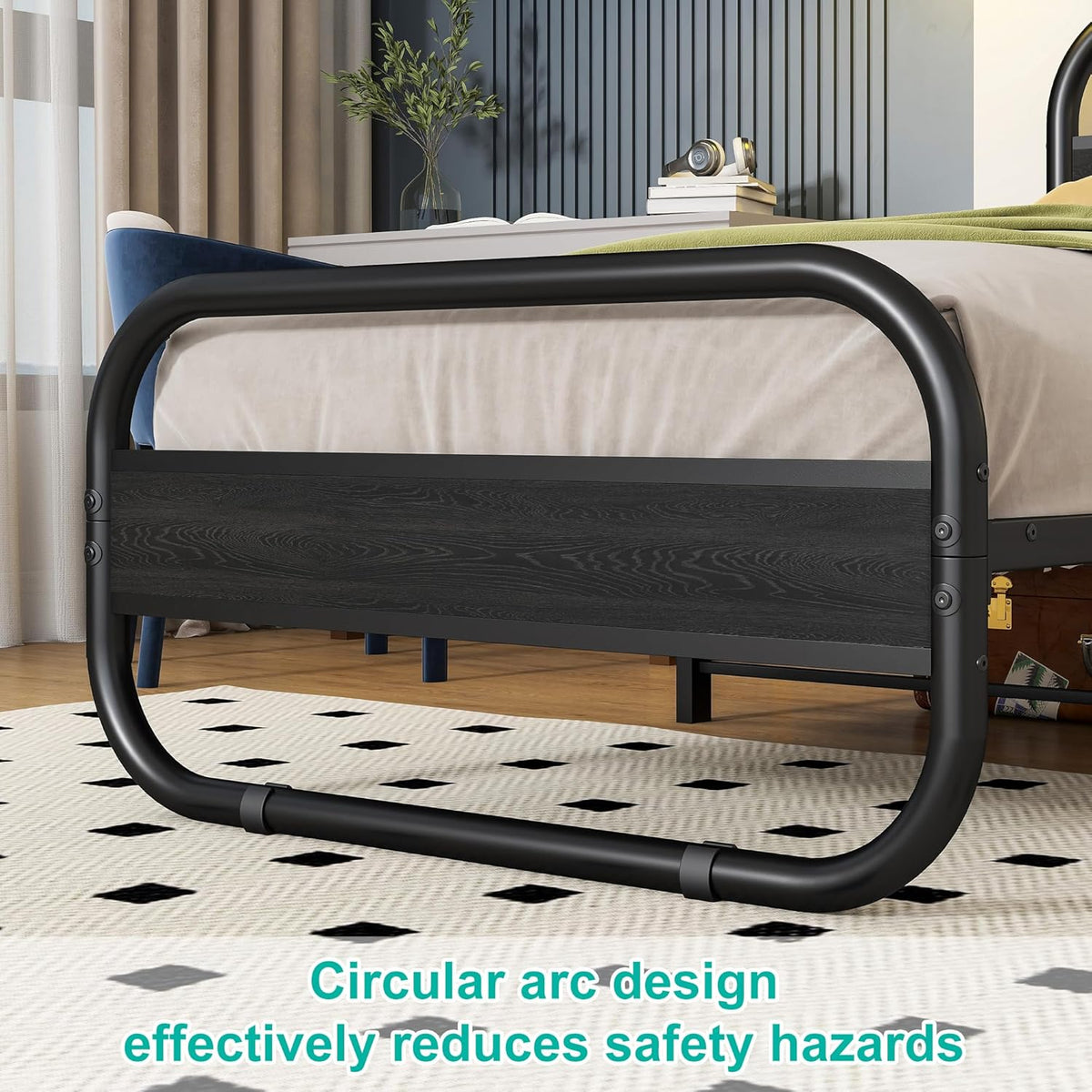 HOMERECOMMEND Eenpersoonsbedframe met hoofdeinde, zwart eenpersoonsbed 90x190 cm met opbergruimte onder het bed, stalen latten matrasstichting ronde pijpontwerp, zwart