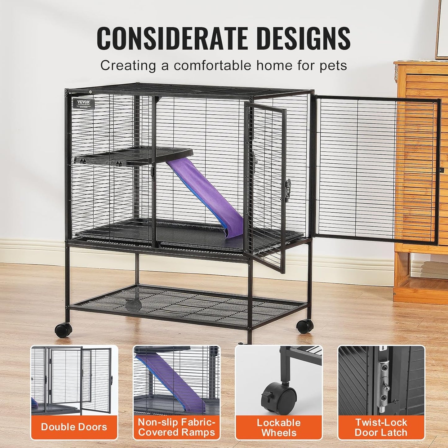 4-Laags Metalen Kooi Voor Fretten -  Geschikt Voor Ratten, Hamsters, Cavia's en Chinchilla's - 61 cm x 44 cm x 86.5 cm - QUORE