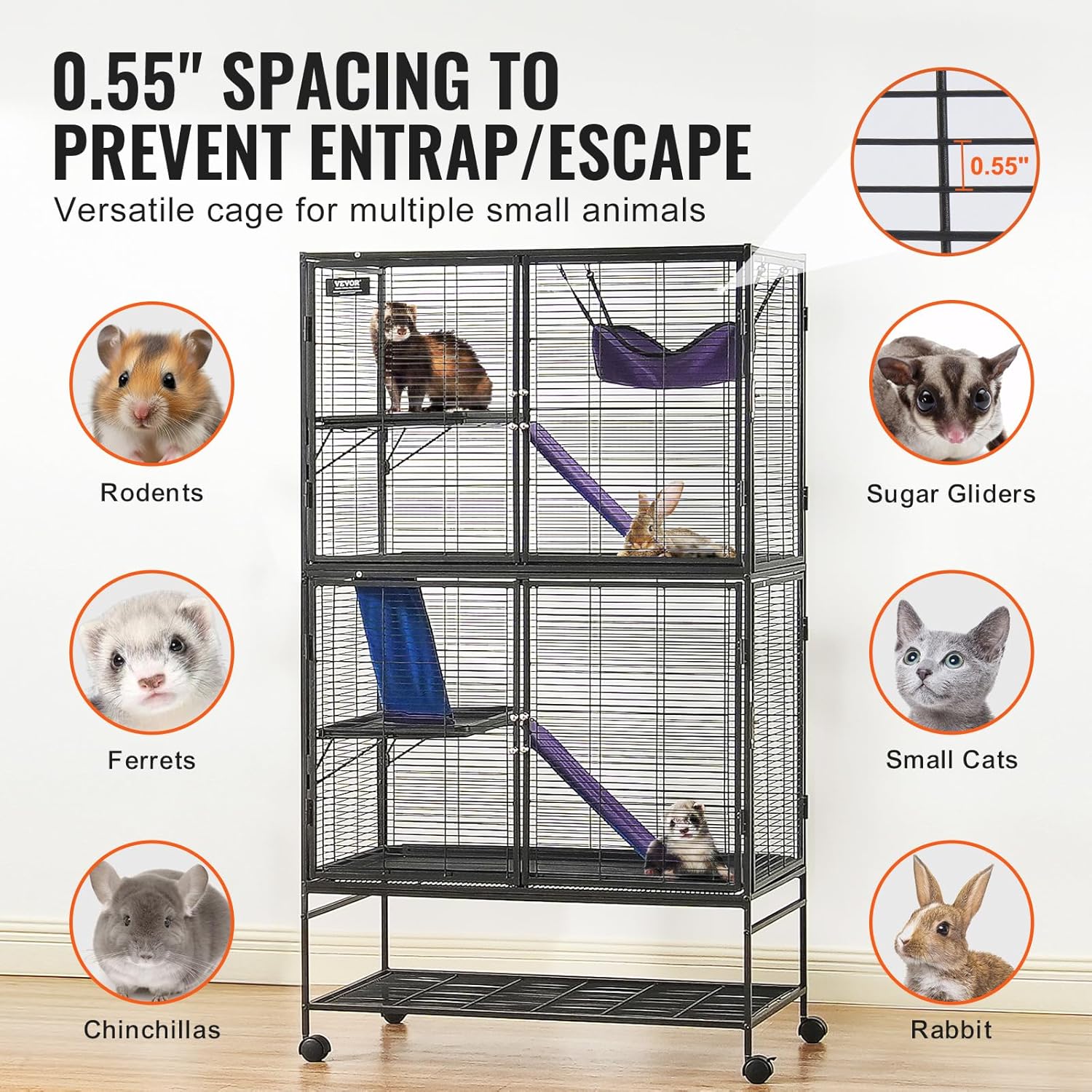 4-Laags Metalen Kooi Voor Fretten -  Geschikt Voor Ratten, Hamsters, Cavia's en Chinchilla's - 92 cm x 58 cm x 164 cm - QUORE