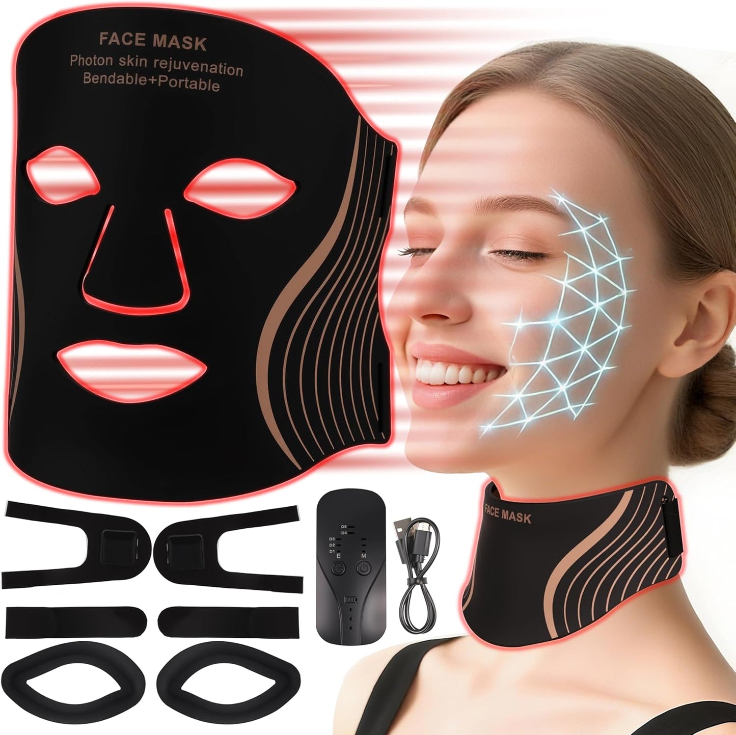 LED-Lichttherapiemasker – Gezichts- En Nekmasker – LED-Masker – Rood Licht Masker – Huidverzorgingsmasker – 7 Lichtstanden – Draadloos USB-C Oplaadbaar