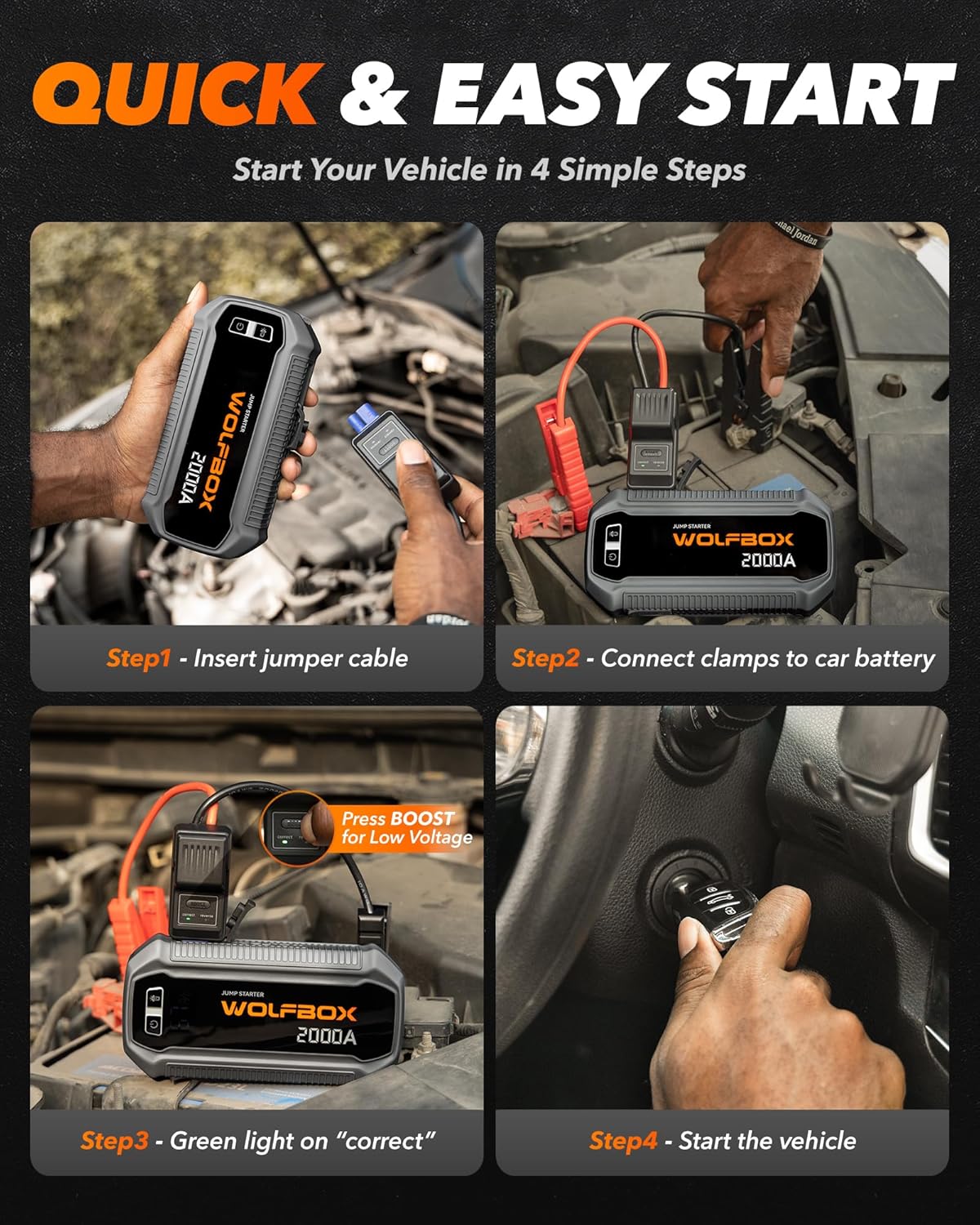 Jump Starter 12V Auto – Starthulp – Startbooster – Accubooster – Noodstarter – 2000A Startvermogen – 12000mAh Batterij