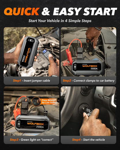 Jump Starter 12V Auto – Starthulp – Startbooster – Accubooster – Noodstarter – 2000A Startvermogen – 12000mAh Batterij
