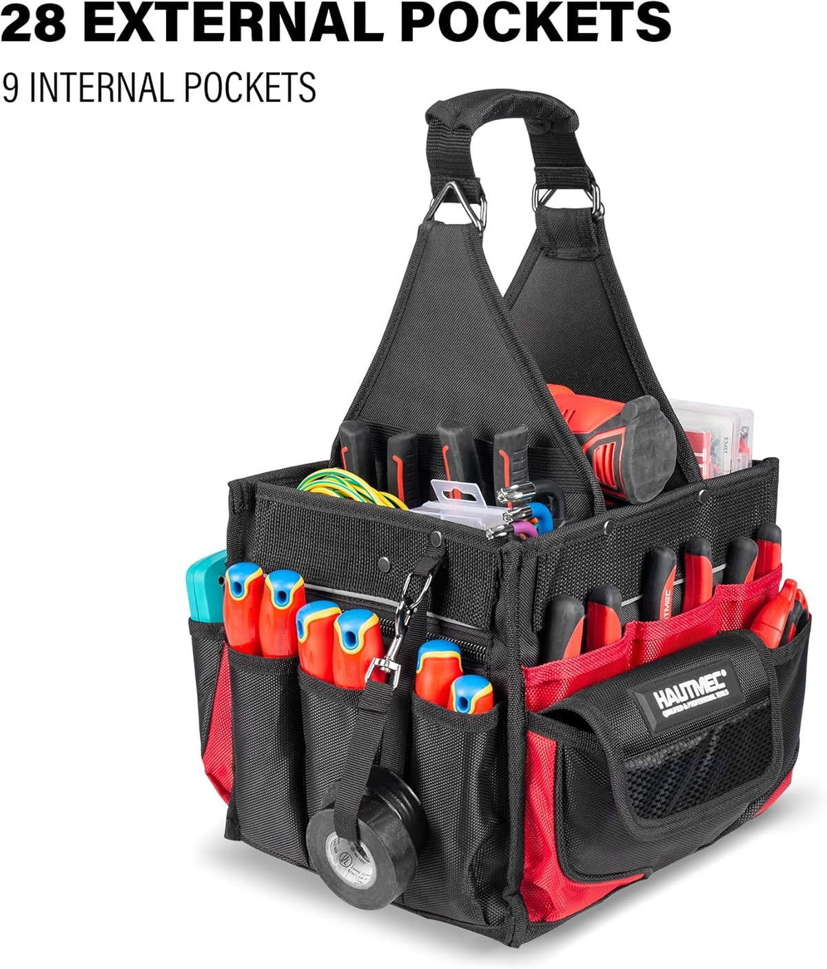 HAUTMEC Elektricien Gereedschapstas met onderdelenlade, waterbestendige HVAC-gereedschapstas, Heavy-Duty 37-Pocket Open Top Tool Tote met versterkte basis, verstelbare schouderriem - HT0174