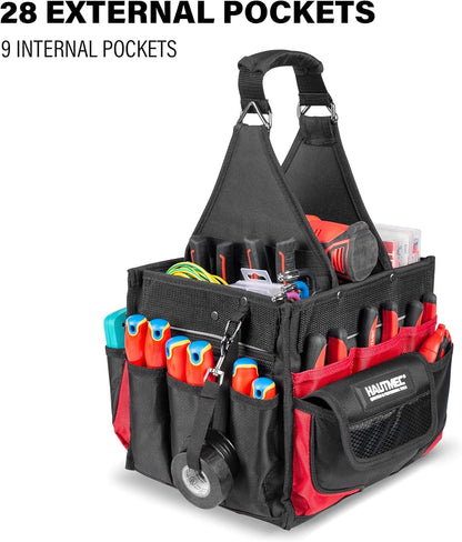 HAUTMEC Elektricien Gereedschapstas met onderdelenlade, waterbestendige HVAC-gereedschapstas, Heavy-Duty 37-Pocket Open Top Tool Tote met versterkte basis, verstelbare schouderriem - HT0174