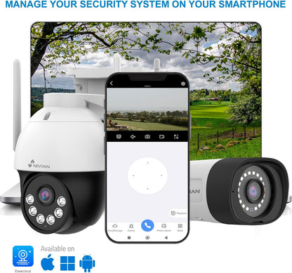 NIVIAN Professionele WLAN-bewakingscameraset, SuperHD met 4 IP-camera's en 10-kanaals recorder, voor thuis en op de winkel, nachtzicht, menselijke detectie IA, bidirectionele audio, eenvoudige