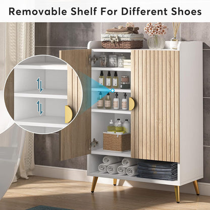Tribesigns Shoe Cabinet with Doors, 7 Tier Shoe Storage Cabinet with Adjustable Shelves, Wooden Shoe Rack, Shoe Storage for Entrance, Hallway, Closet, Living Room, Wood and Gold