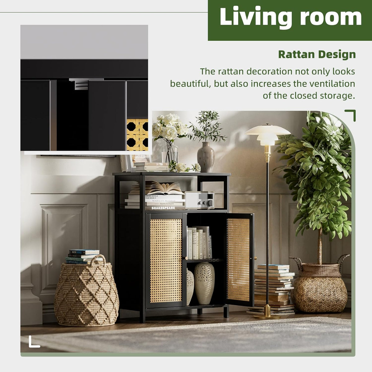 Bamboe Vloerkast – Opbergkast – Badkamerkast – Bijzettafel – Kast Met Rotan Deuren – Compact Formaat – Duurzaam Bamboe Materiaal - QUORE