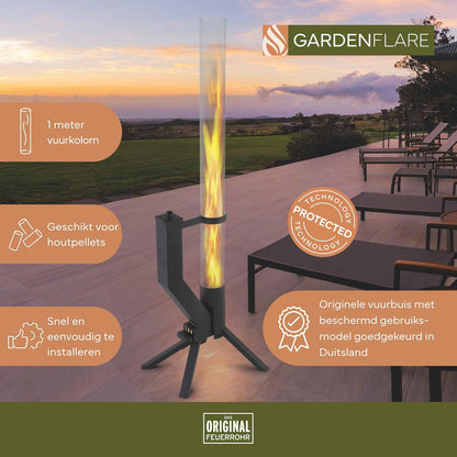 Vuurbuis, roestvrijstalen vuurzuil en pelletfakkel voor een geweldig sfeervuur, elegante terrasverwarmer en tuinhaard, alternatief voor je terras en tuin (zwart gepoedercoat)