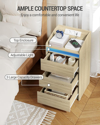 Hzuaneri Bedside Table Set of 2 with 3 Drawers, Side Table with Charging Base and LED, 2 AC Sockets and 2 USB Ports for Bedroom, Living Room, Oak Colors NS40116X