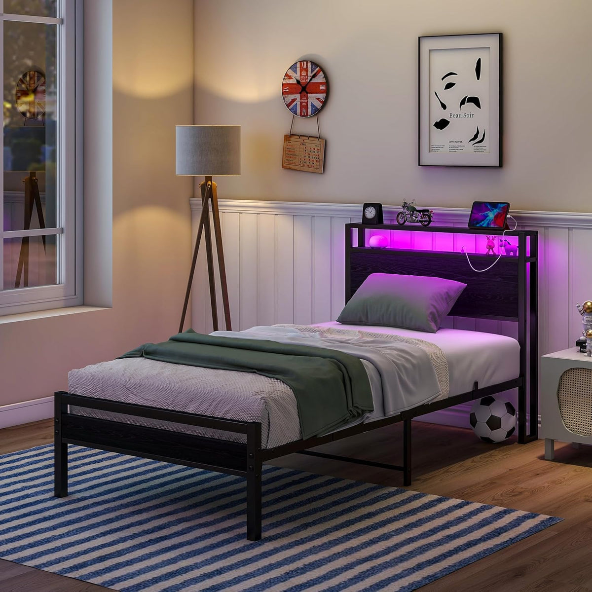 HOJINLINERO Bedframe van metaal, hout, bedframe van metaal, 90 x 200 cm met lattenbodem en USB-oplaadfunctie/led, eenpersoonsbed, logeerbed, tienerbed, 90 x 200 cm, met opbergruimte hoofdeinde