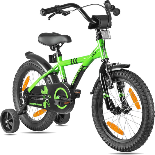 PROMETHEUS BICYCLES Kinderfiets, 16 inch, vanaf 5 jaar, voor meisjes en jongens, met zijwieltjes, achteruittraprem, groen en zwart