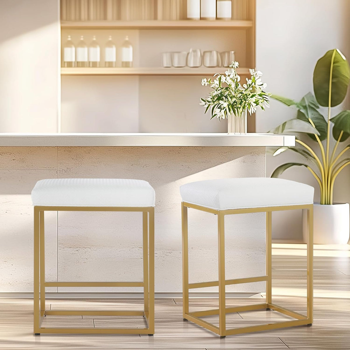 ALPHA HOME Barkruk set van 2 met voetensteun, zwart, barkruk zonder rugleuning, barkruk van PU-leer, zithoogte 61 cm, barstoelen, rugvrije barkruk met dik kussen en robuust verchroomd metalen frame