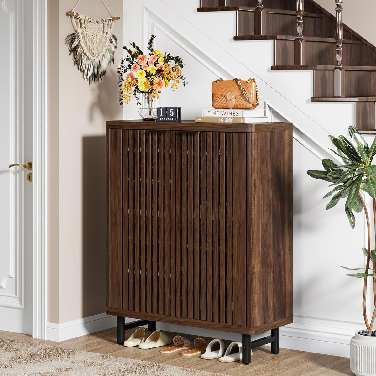 Tribesigns 6 Tier Shoe Cabinet with Shutter Doors, Large Wooden Shoe Storage Cabinet with Adjustable Shelves, Farmhouse Freestanding Shoe Organizer for Entrance, Hallway, Dark Walnut