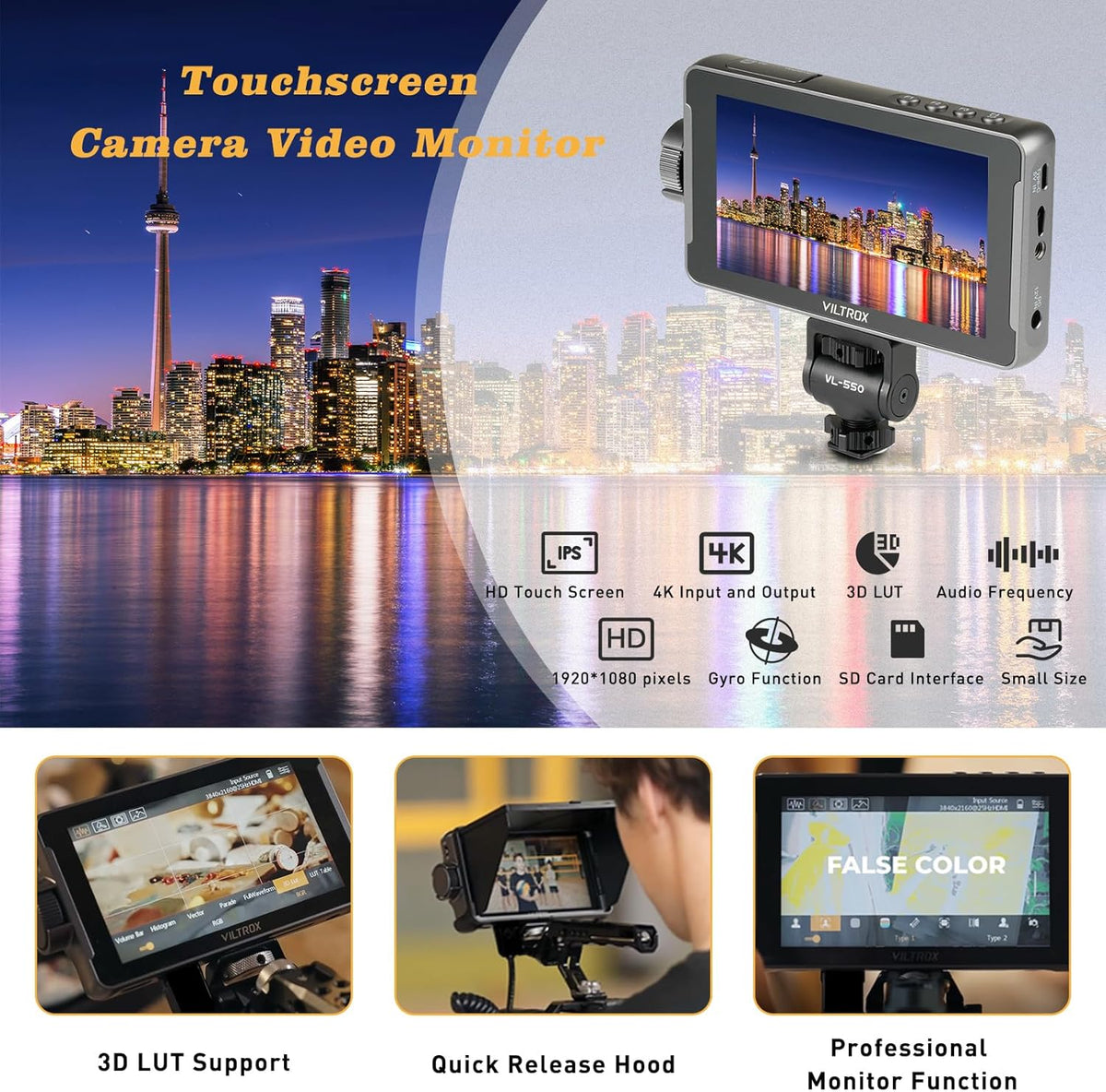 Veldmonitor – Cameramonitor – DSLR-monitor – Monitor voor camera – Fotomonitor – 5,5 inch IPS touchscreen met zonneklep en accu – 1200 nits Full HD 1920 x 1080