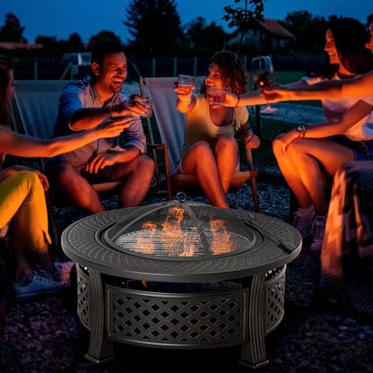 Outsunny fire bowl with poker spark protection fire pit fire table round fire pit for garden camping BBQ steel black 81 x 81 x 50 cm - QUORE