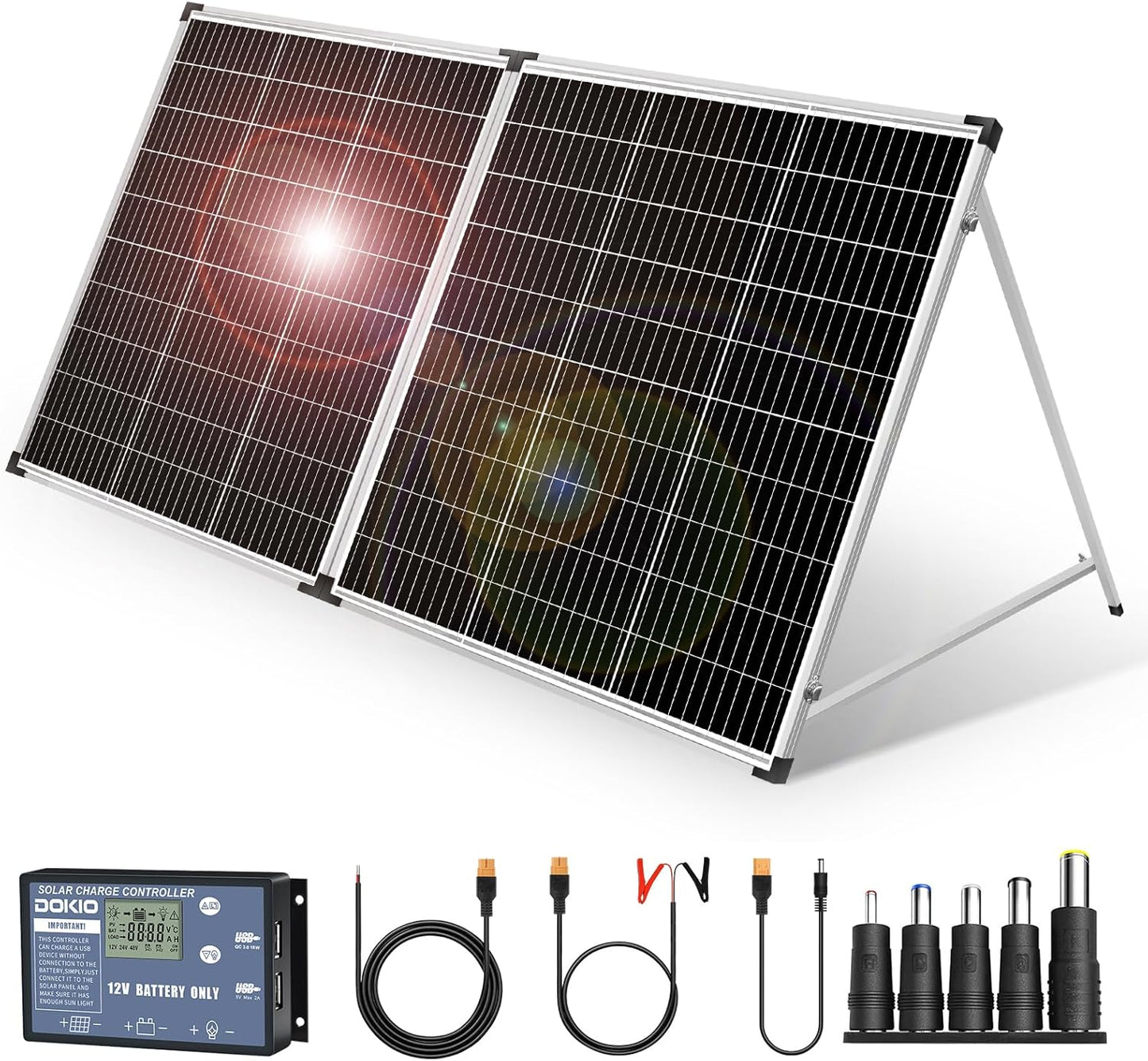 DOKIO Draagbaar zonnepaneel, 200 W, monokristallijn, met zonne-laadregelaar, 2 USB-poorten