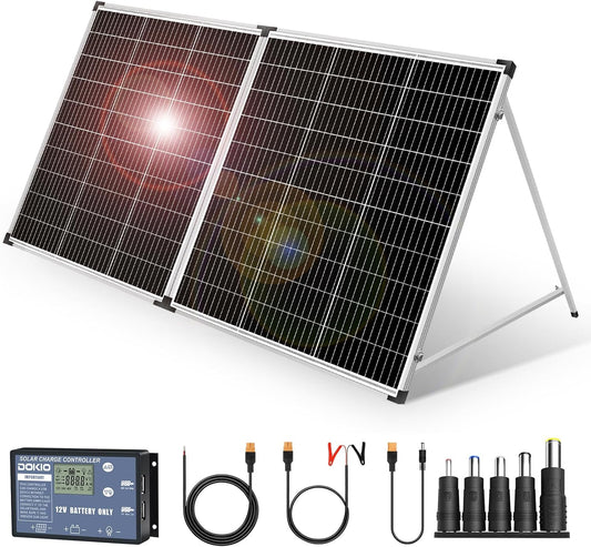 DOKIO Draagbaar zonnepaneel, 200 W, monokristallijn, met zonne-laadregelaar, 2 USB-poorten
