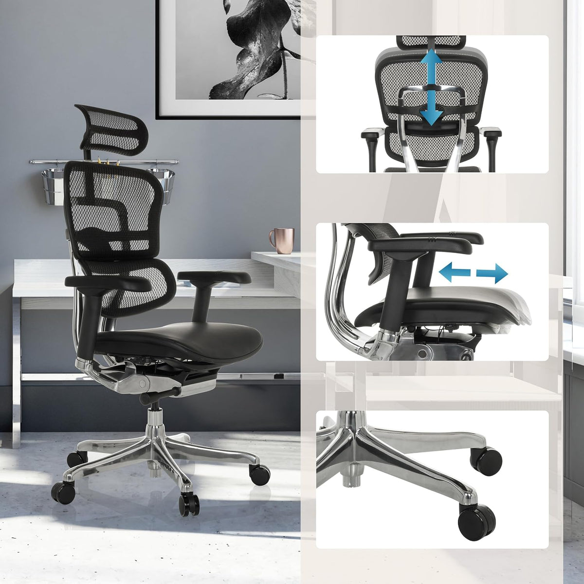 Ergonomische Bureaustoel – Kantoorstoel – Werkstoel – Gamestoel – Bureaustoel Verstelbaar – Flexibele Lendensteun – Lederen Gevoerde Zitting – Ademend Mesh Rug