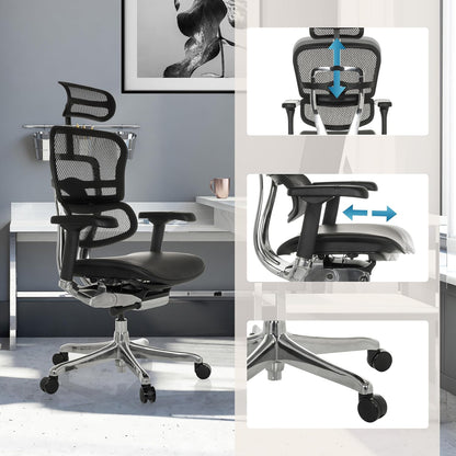 Ergonomische Bureaustoel – Kantoorstoel – Werkstoel – Gamestoel – Bureaustoel Verstelbaar – Flexibele Lendensteun – Lederen Gevoerde Zitting – Ademend Mesh Rug