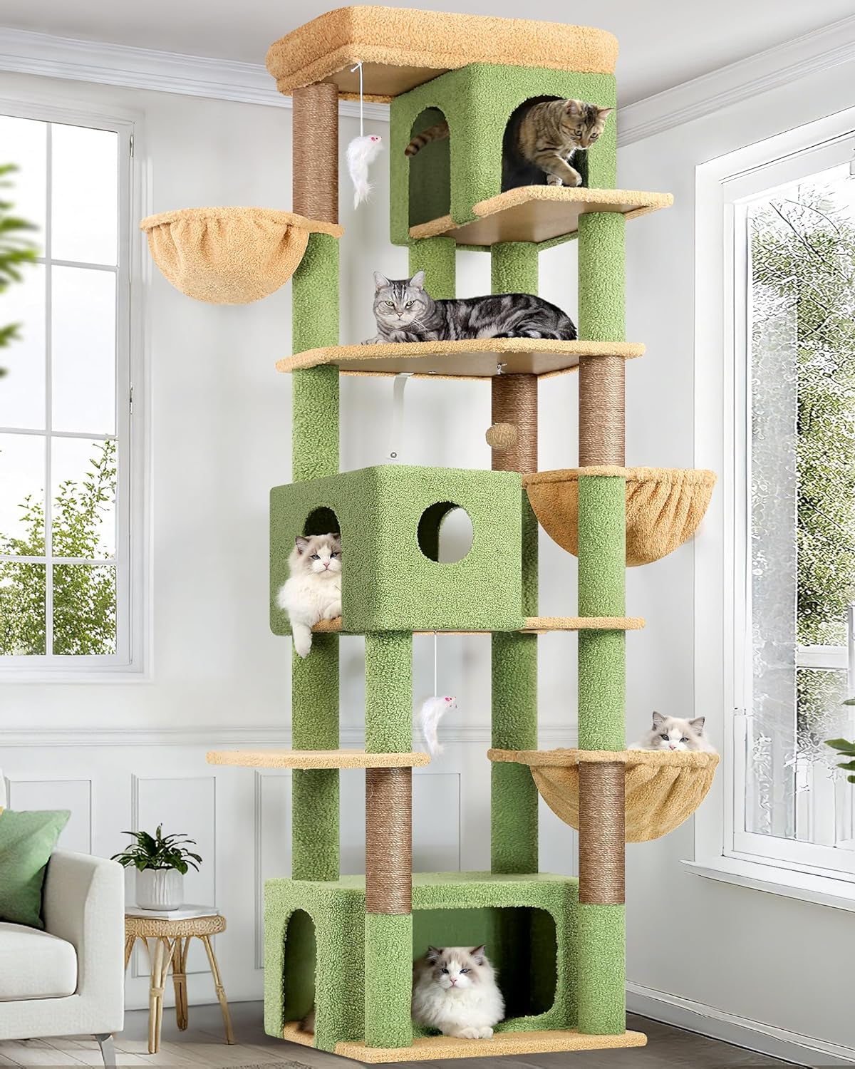 Globlazer Cat Tree Cactus Green Large, Scratching Post XXL High 204cm with 3 Cat House, 2 Large Platform, 2 Baskets Soft, Stable Cat Tower Luxury for 3-5 Large Cats Rest Playing (F80F, Green) - QUORE