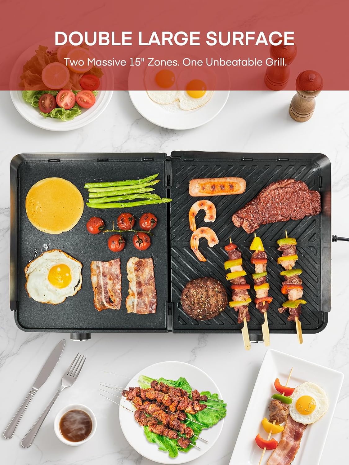 FOHERE Elektrische grill, 2400 W, tafelgrill met 2 gescheiden regelbare grillplaten (glad en geribbeld), duo-grillsysteem, 5-traps temperatuurregeling (zwart)