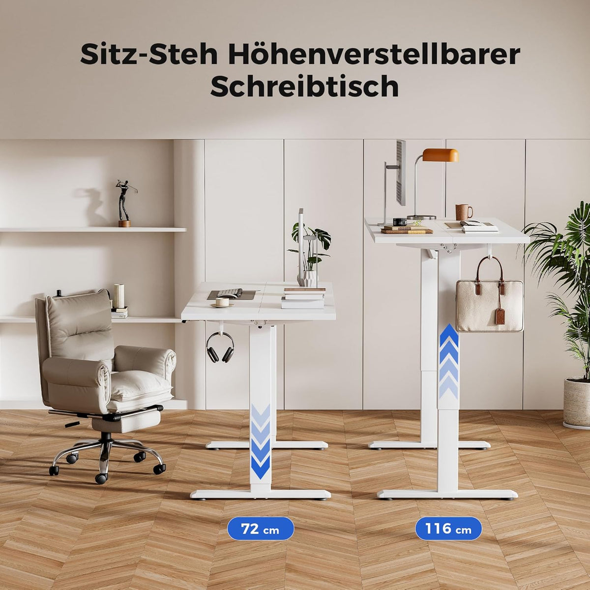 Agilestic In hoogte verstelbaar bureau 150 x 60 cm, stabiel bureau met elektrische hoogteverstelling en handmatige bediening met geheugen, ergonomisch bureau om staand of zittend te werken, wit