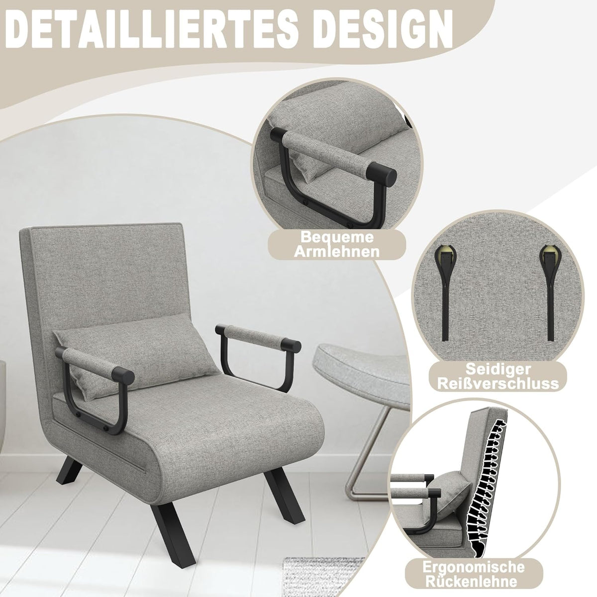 3-In-1 Slaapstoel – Slaapbank – Relaxfauteuil – Oprolbed – Uitklapbare Stoel – Lichtgrijs – Verstelbare Rugleuning 5-Standen – Stevig Metalen Frame Met Linnen Bekleding