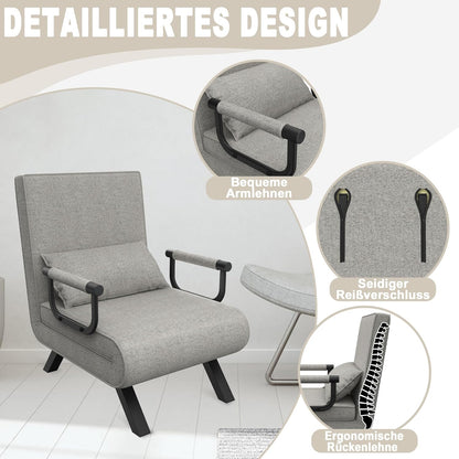 3-In-1 Slaapstoel – Slaapbank – Relaxfauteuil – Oprolbed – Uitklapbare Stoel – Lichtgrijs – Verstelbare Rugleuning 5-Standen – Stevig Metalen Frame Met Linnen Bekleding