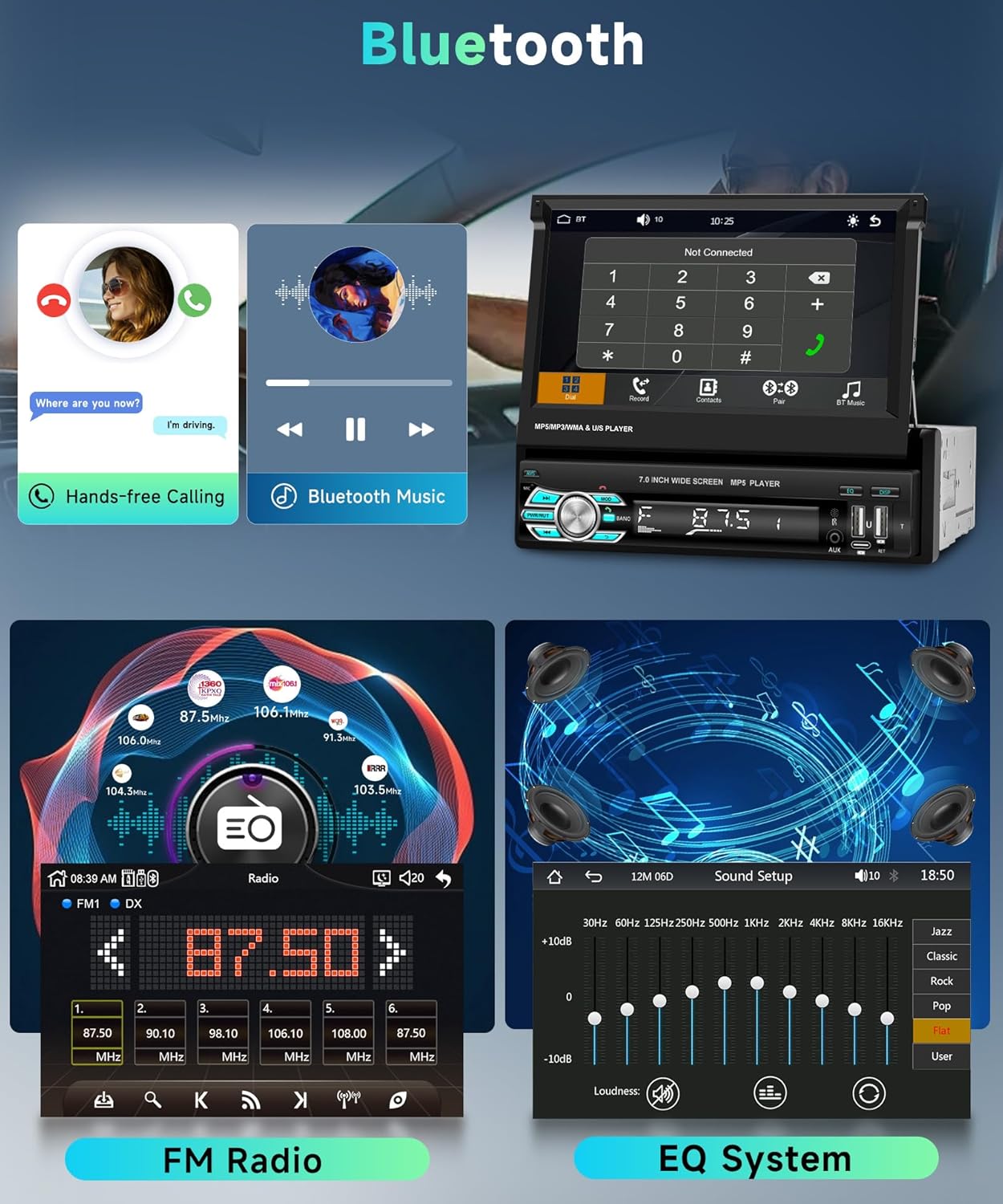 Podofo Draadloze Carplay Autoradio 1Din met 7'' Uitschuifbaar Display Handmatig Scherm Draadloos Android Auto Bluetooth 5.1 FM 2USB/AUX/SD/Stuurbediening met Achteruitrijcamera Stuurbediening