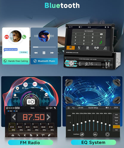 Podofo Draadloze Carplay Autoradio 1Din met 7'' Uitschuifbaar Display Handmatig Scherm Draadloos Android Auto Bluetooth 5.1 FM 2USB/AUX/SD/Stuurbediening met Achteruitrijcamera Stuurbediening