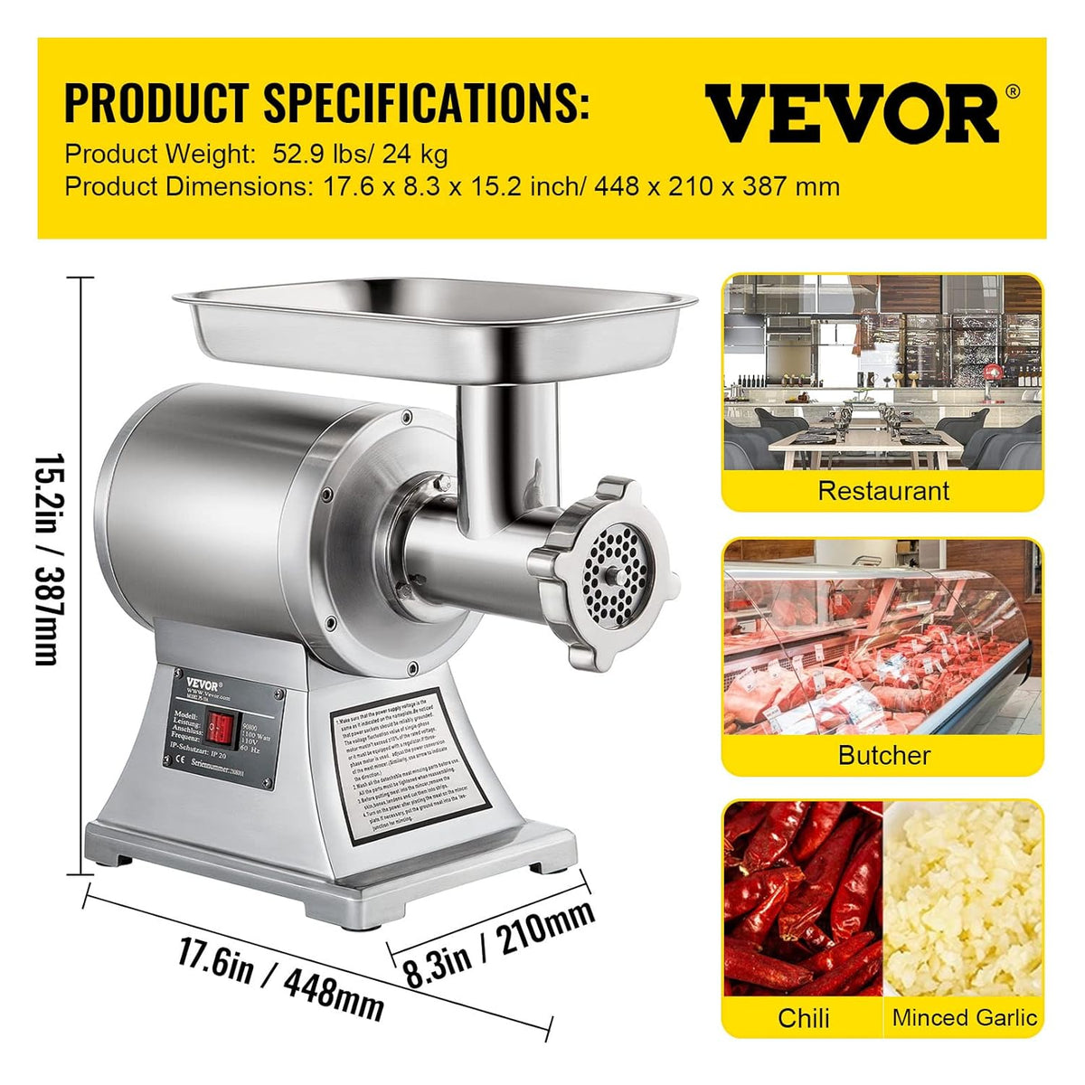 VEVOR Elektrische vleesmolen, 850 W, gehaktmachine, 150 kg per uur, elektrische worstmachine, 448 x 210 x 387 mm, roestvrij staal, 193 omw/min, voor restaurant, supermarkt, slagerij