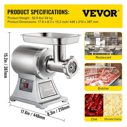 VEVOR Elektrische vleesmolen, 850 W, gehaktmachine, 150 kg per uur, elektrische worstmachine, 448 x 210 x 387 mm, roestvrij staal, 193 omw/min, voor restaurant, supermarkt, slagerij