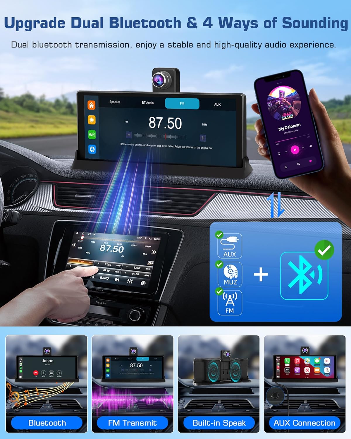 Exclusieve houder: Carplay display, Android autodisplay met 350° draaibare 4K dashcam, 10,26 inch draagbare driveplay-autoradio, Carplay Dual-Bluetooth rijnavigatie Siri G-oogle